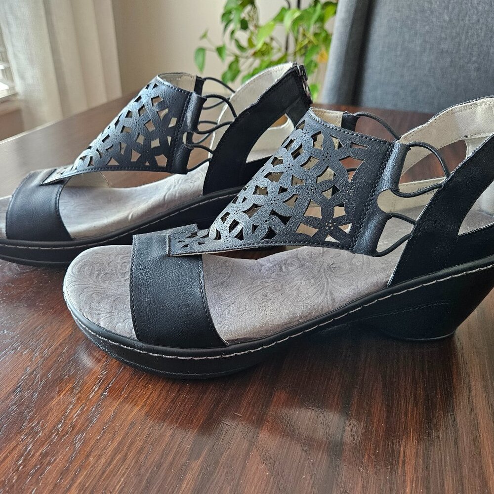 Jambu Black Cutout Leather Wedge Sandals